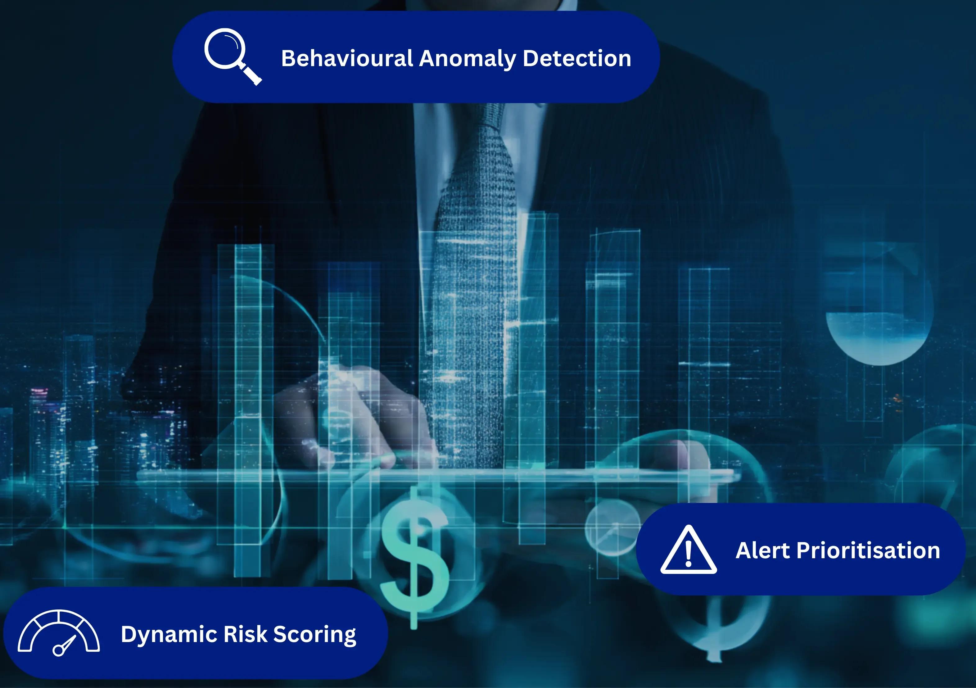 Visual showing AI analysing transaction networks, highlighting anomalous payer–beneficiary patterns, risk scores, and prioritised AML alerts.