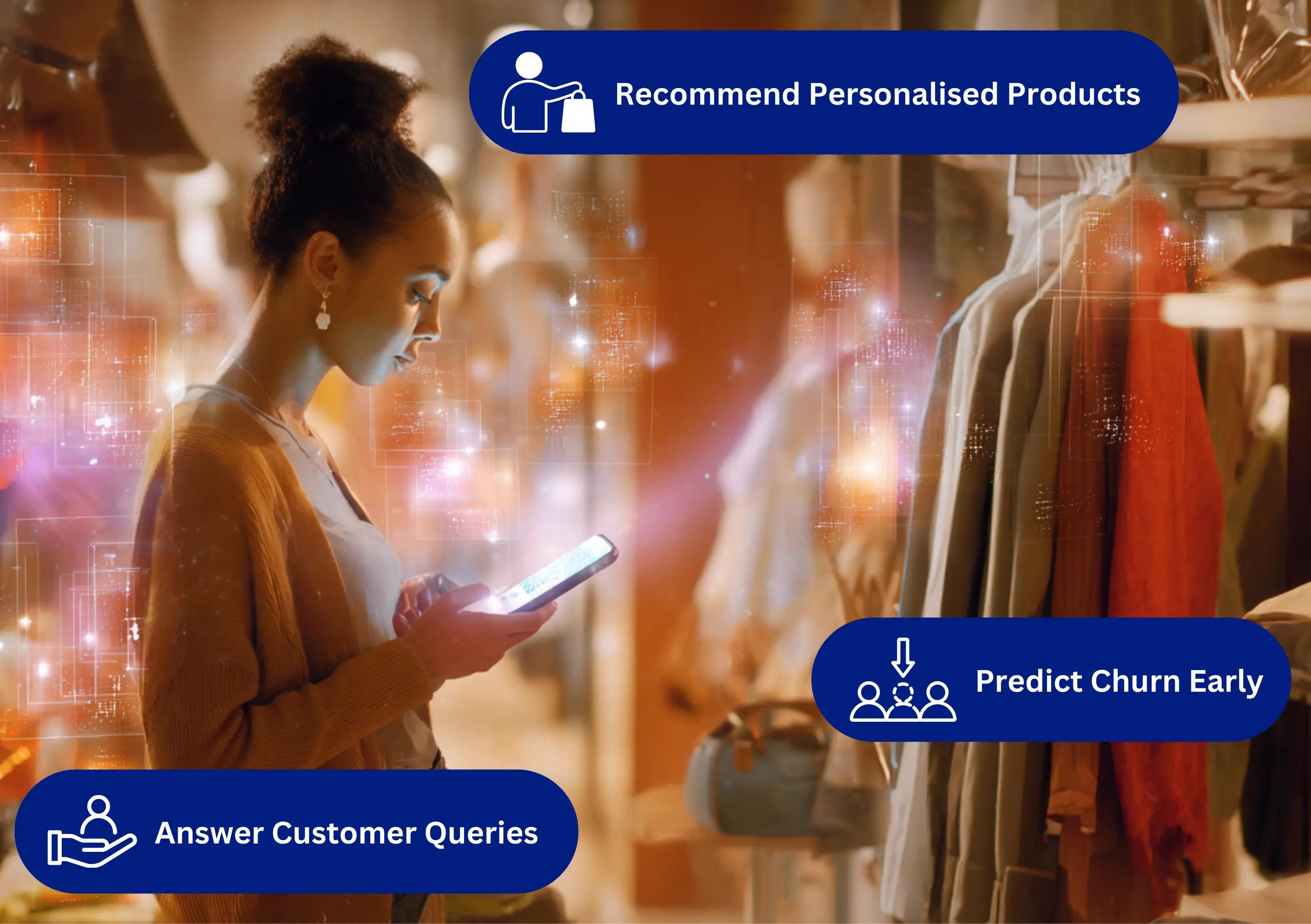 Retail customer browsing on mobile with AI-driven product recommendations, automated Q&A responses, and churn-risk insights displayed as on-screen overlays.