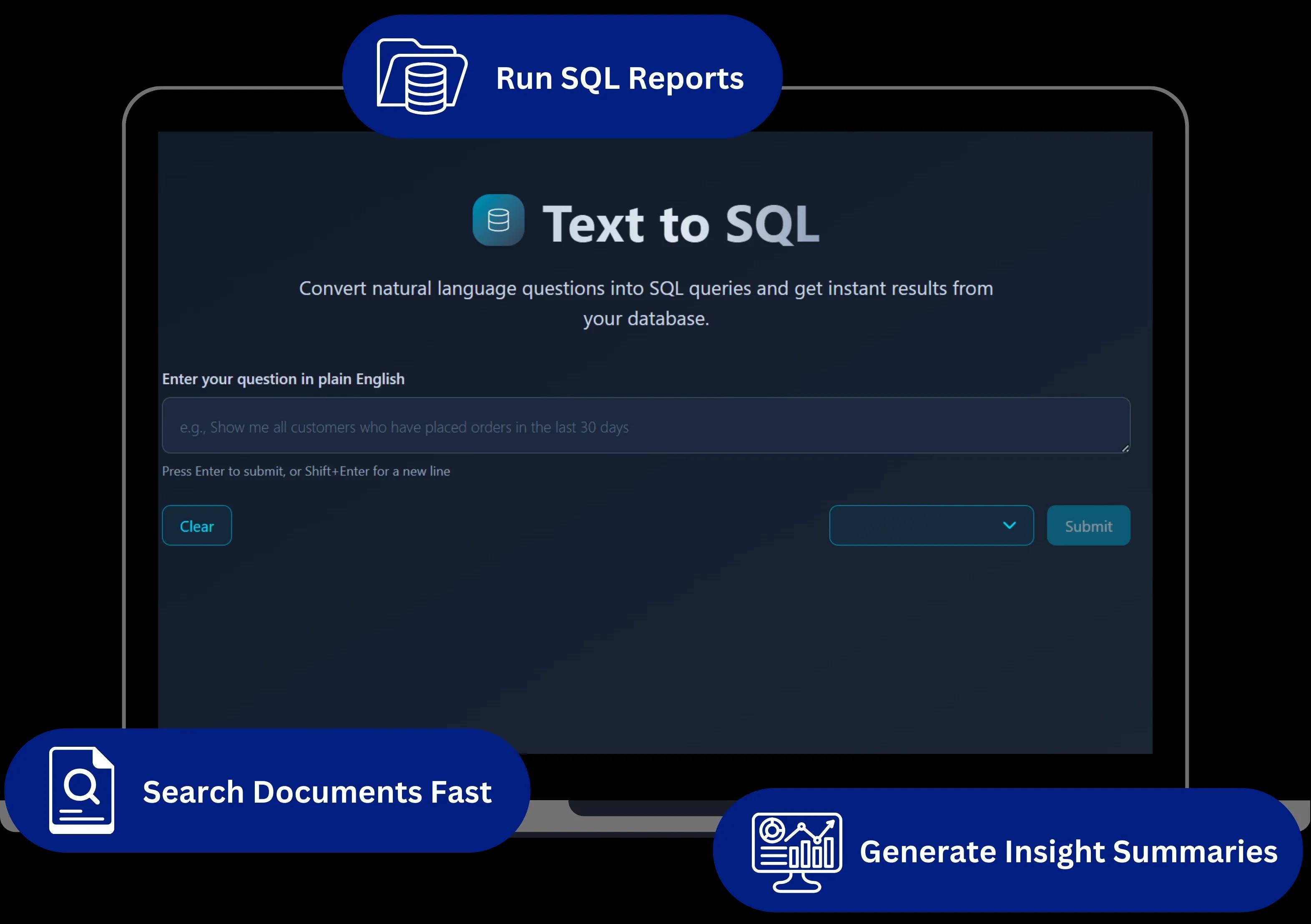 Dashboard-style interface showing AI running SQL queries, searching long documents, and generating concise trend and KPI summaries.