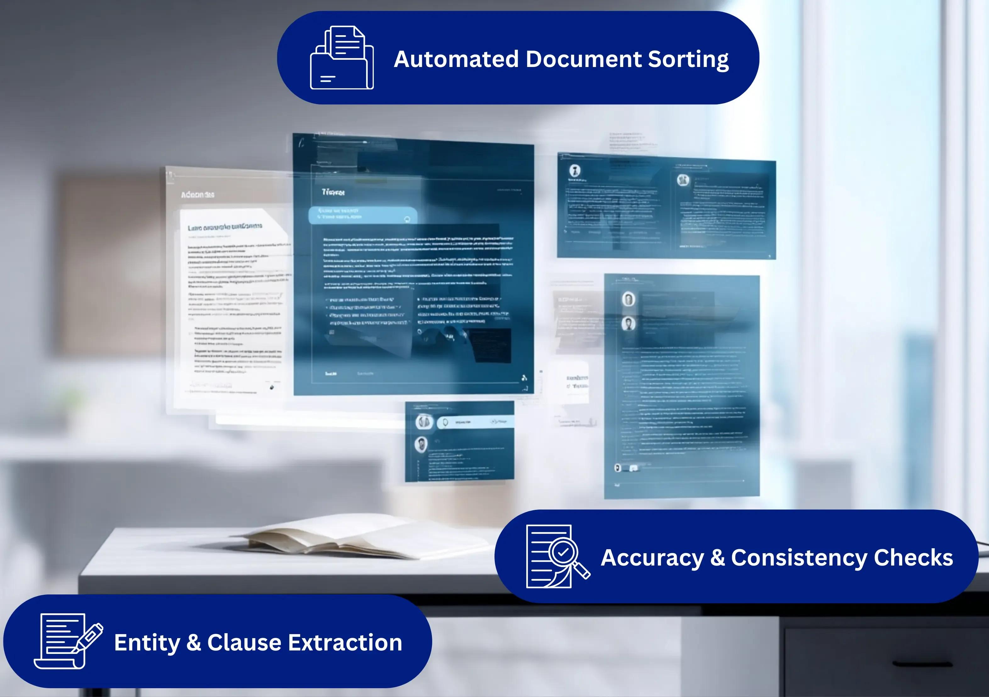 AI interface analysing multiple legal documents, with panels showing classification, extracted clauses, and flagged inconsistencies