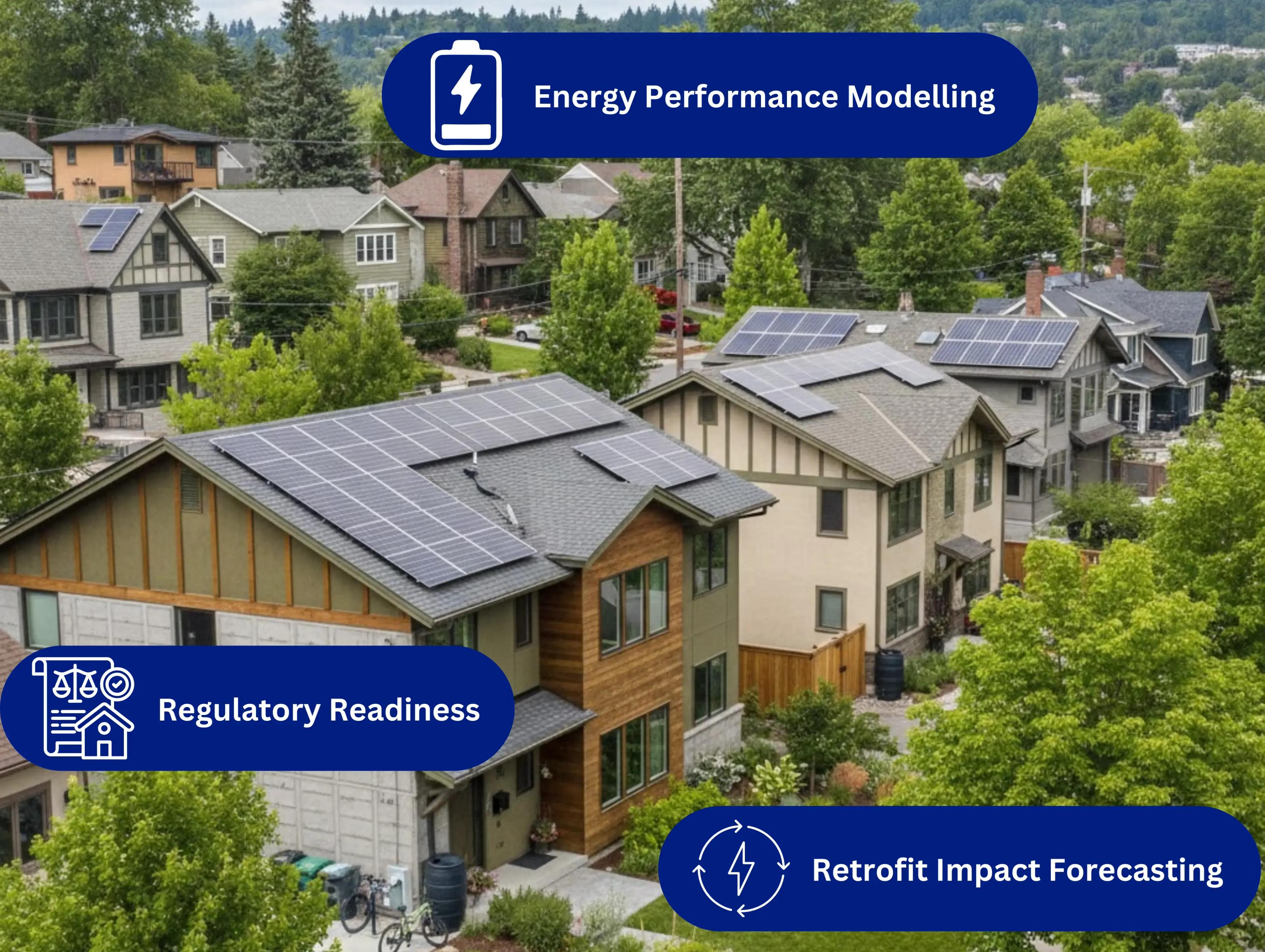 Urban housing with visual overlays representing energy efficiency, EPC ratings, and sustainability performance metrics.