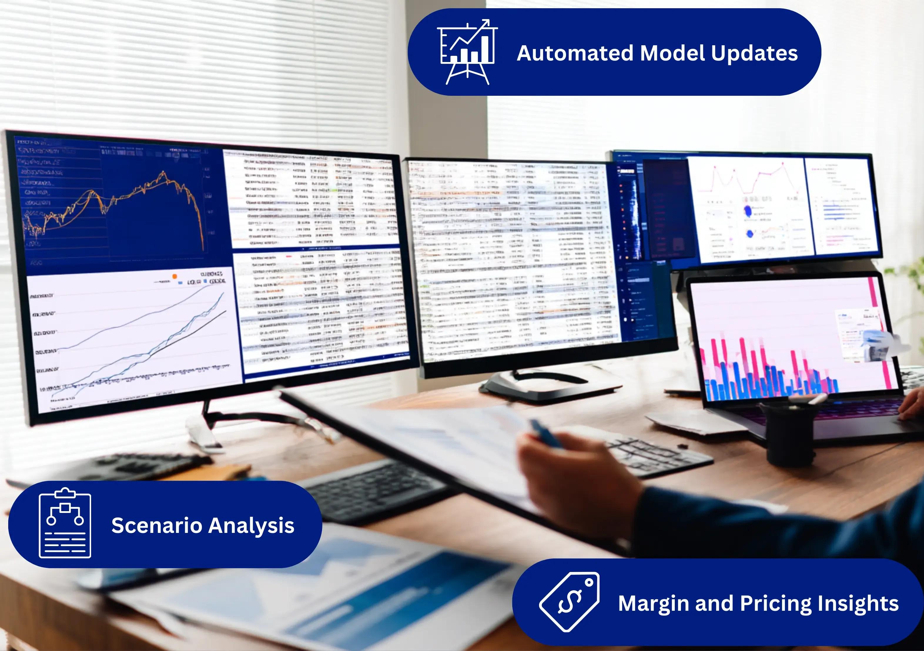 Financial modelling interface displaying forecasts, scenario analysis, and margin trends generated by AI.