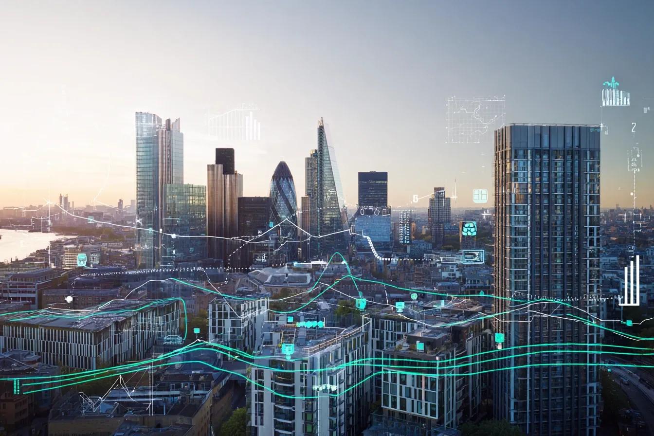 London residential buildings enhanced with data visualisations showing AI-generated energy performance and sustainability insights.