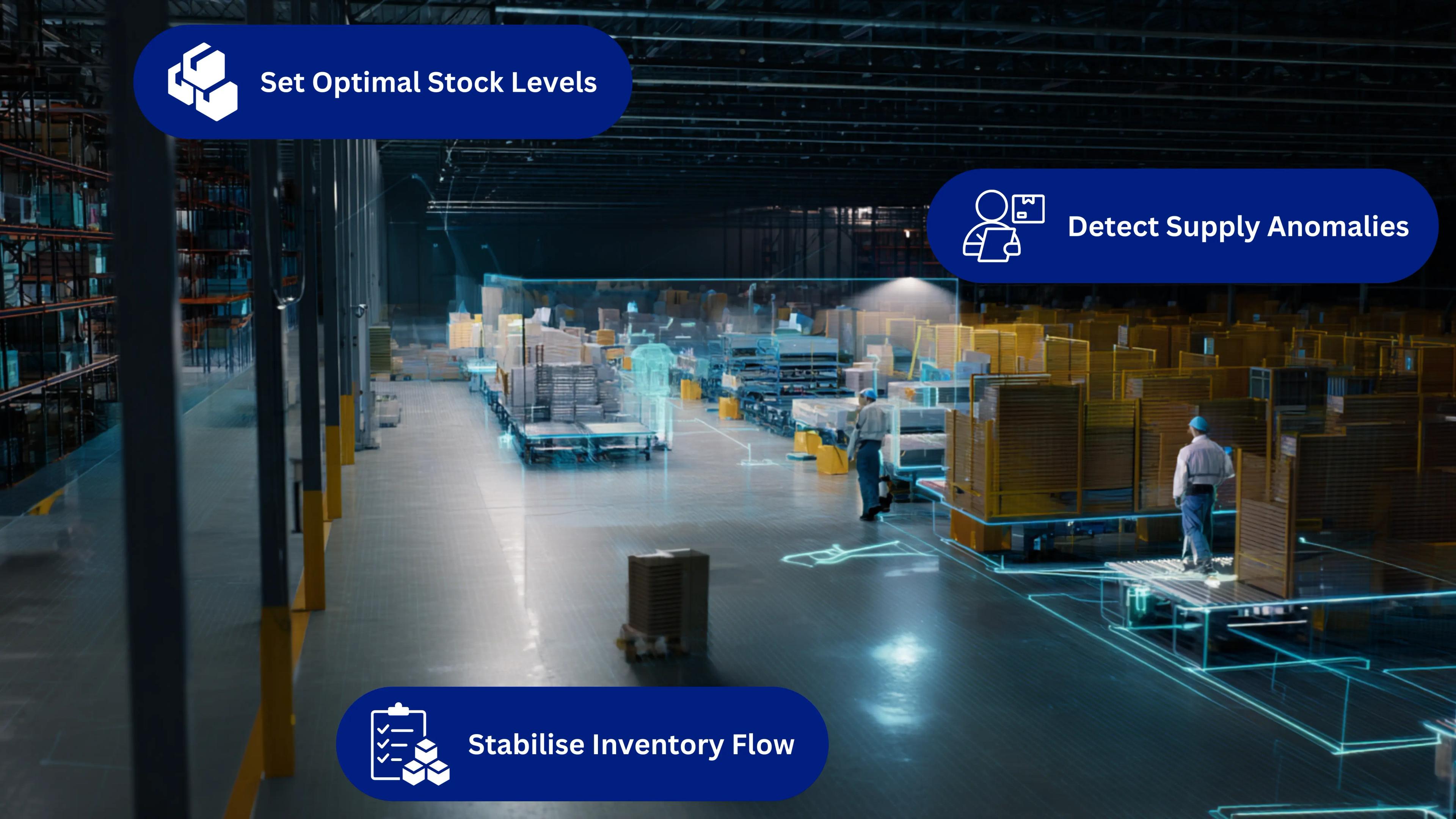 Realistic warehouse and logistics scene with AI overlays highlighting stock levels, inventory flow, and anomaly alerts across distribution routes.