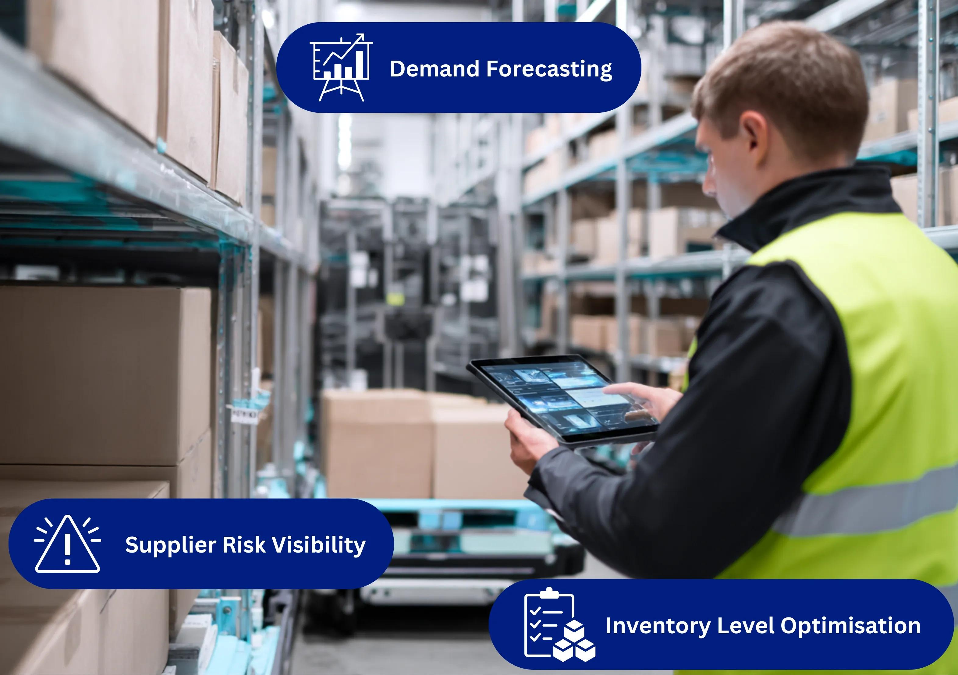 Warehouse environment where AI tools support inventory tracking, stock levels, and material movement across storage areas.