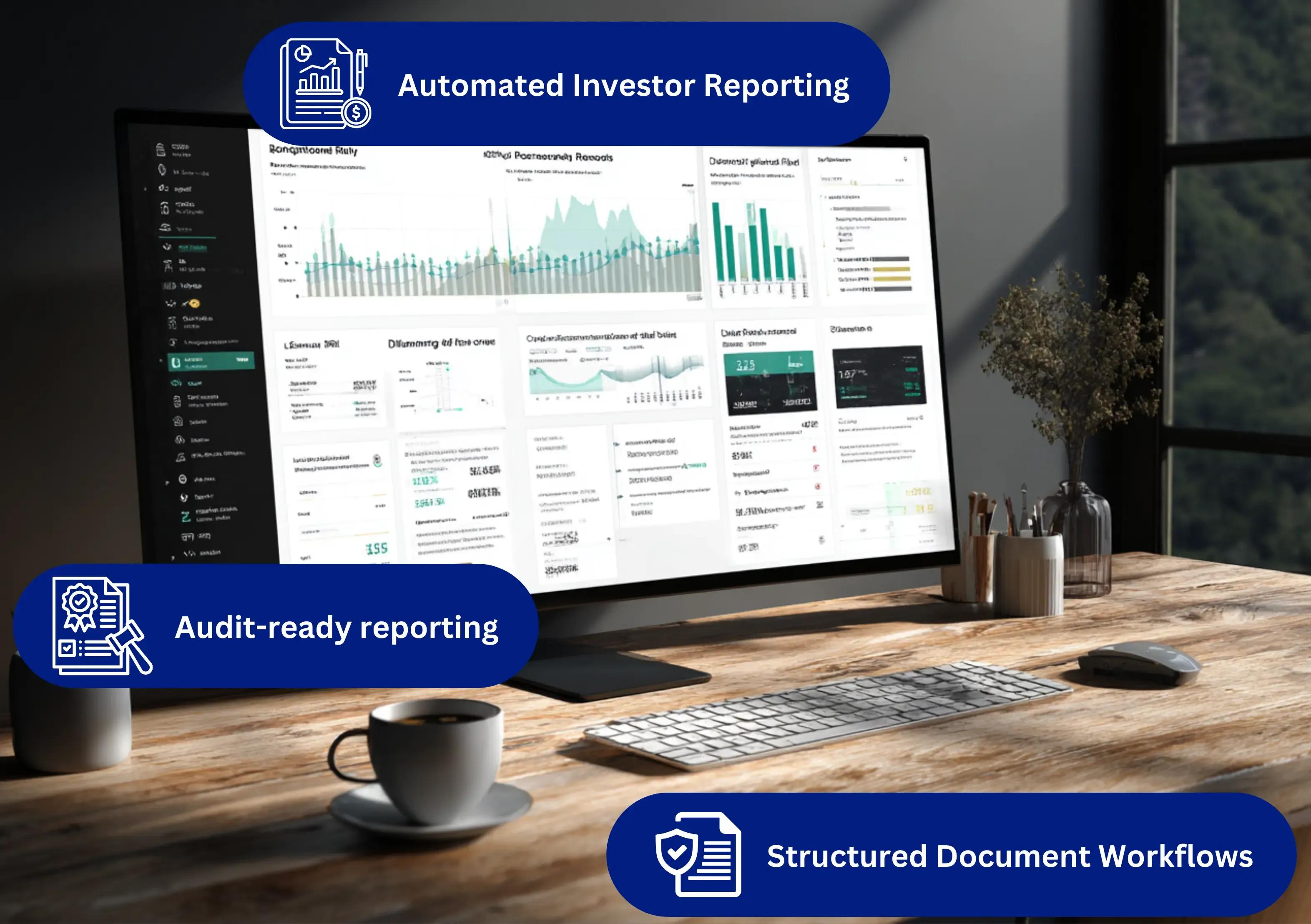 AI-powered reporting interface generating investor-ready summaries and structured financial documents.