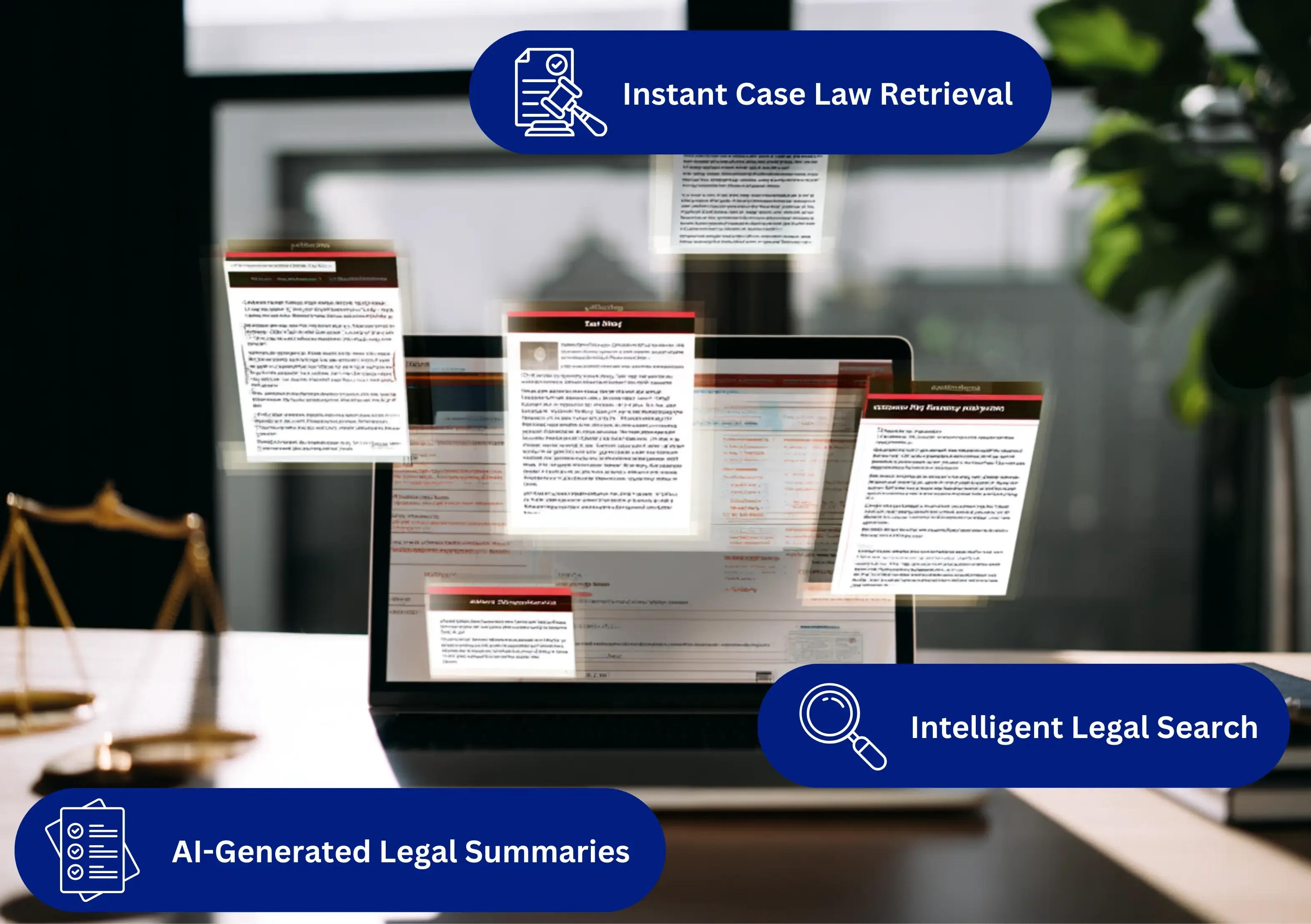 AI-powered legal search interface displaying case law results, precedent summaries, and retrieved internal knowledge documents.