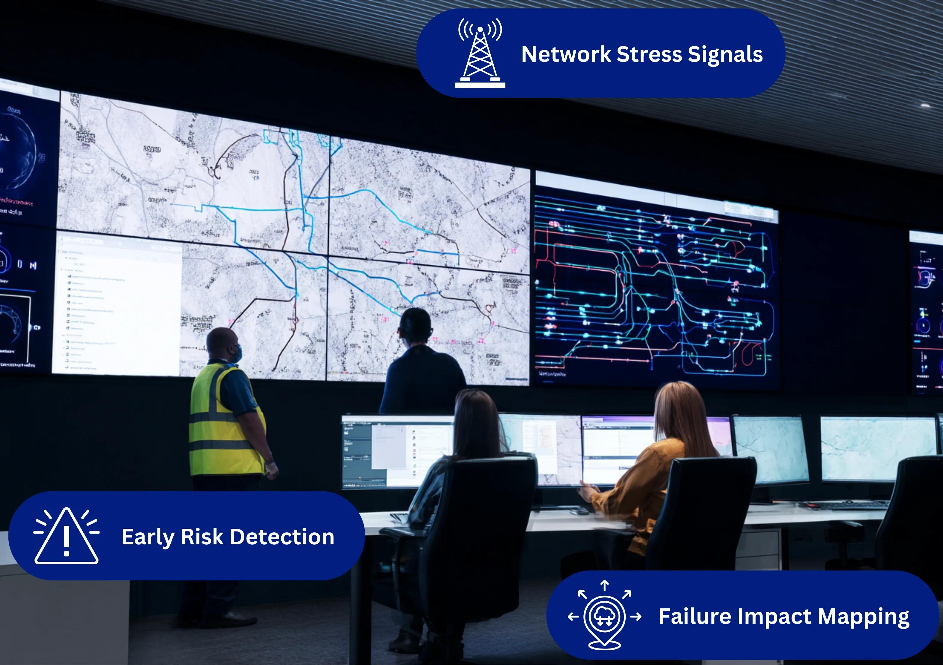 Operations team monitoring utility network performance and emerging risks in real time.