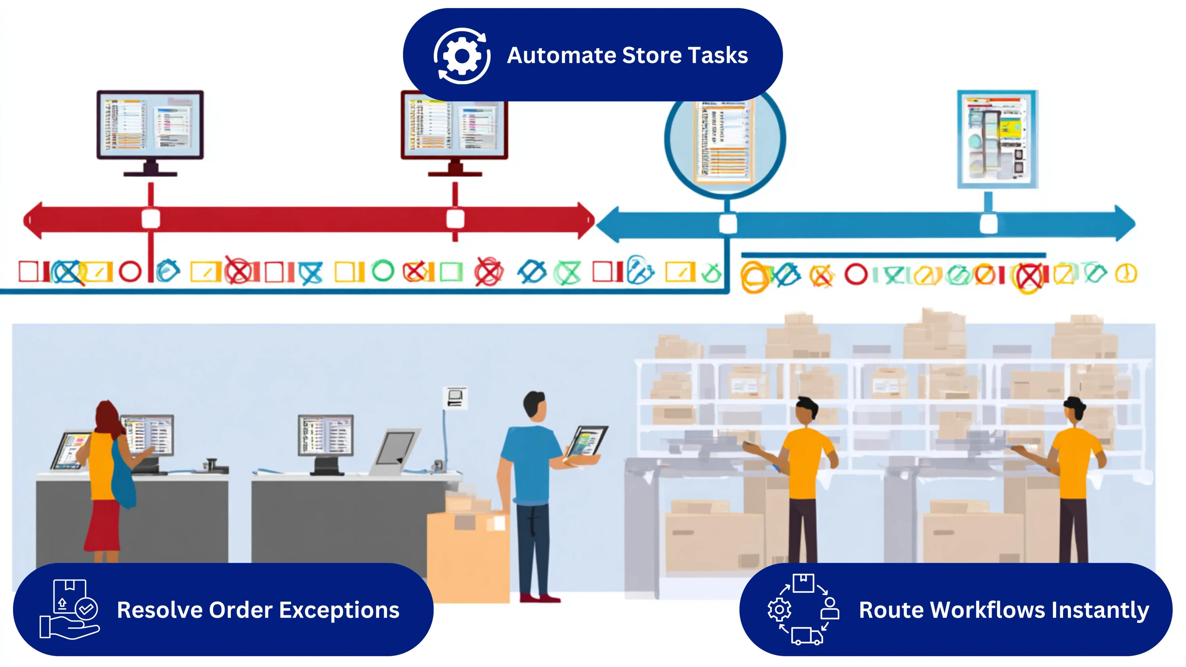 Store back-office environment with AI panels automating stock checks, routing order exceptions, and handling routine store operations.