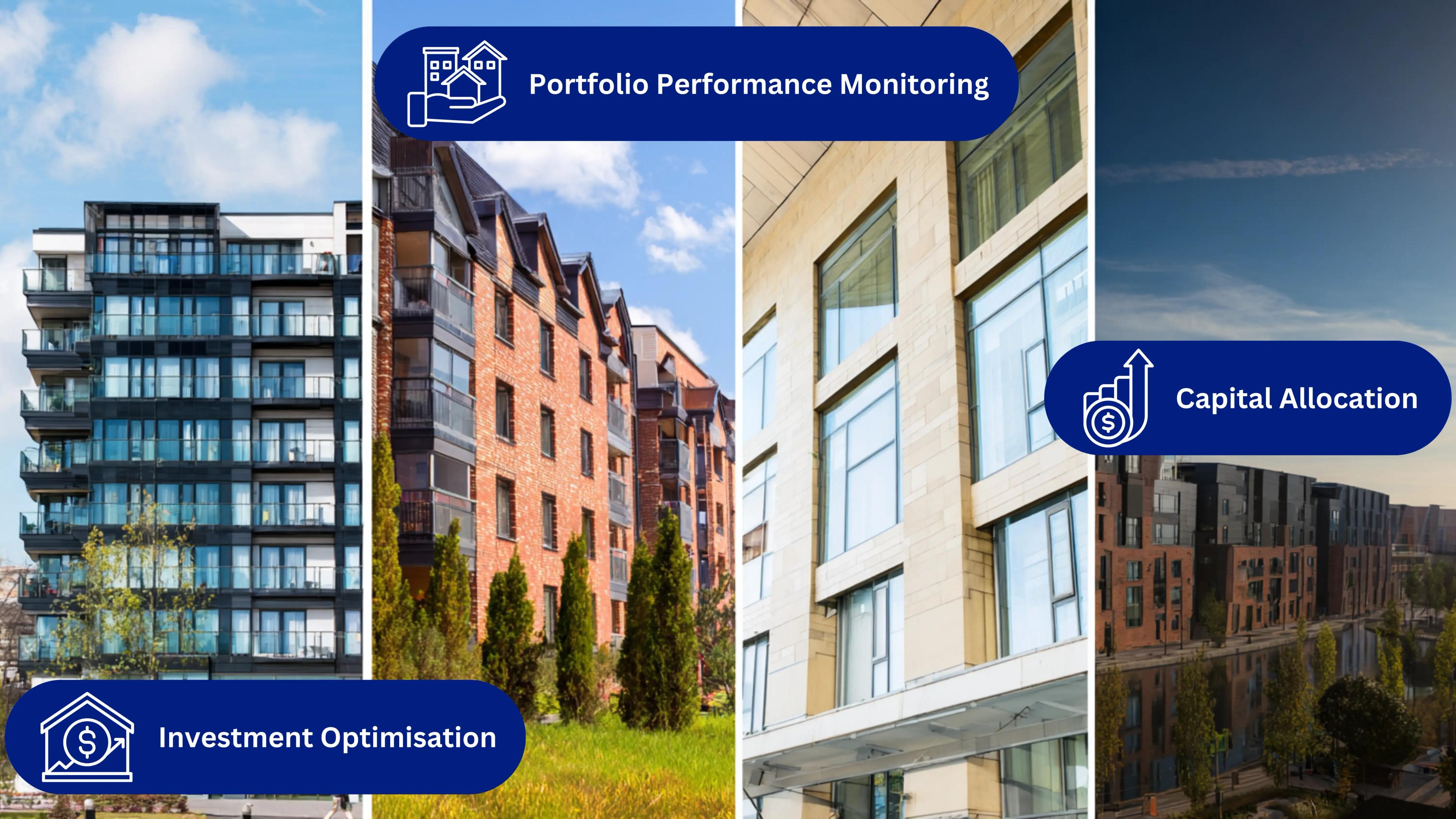 Multiple property types arranged as a portfolio, illustrating performance comparison and investment optimisation across assets.