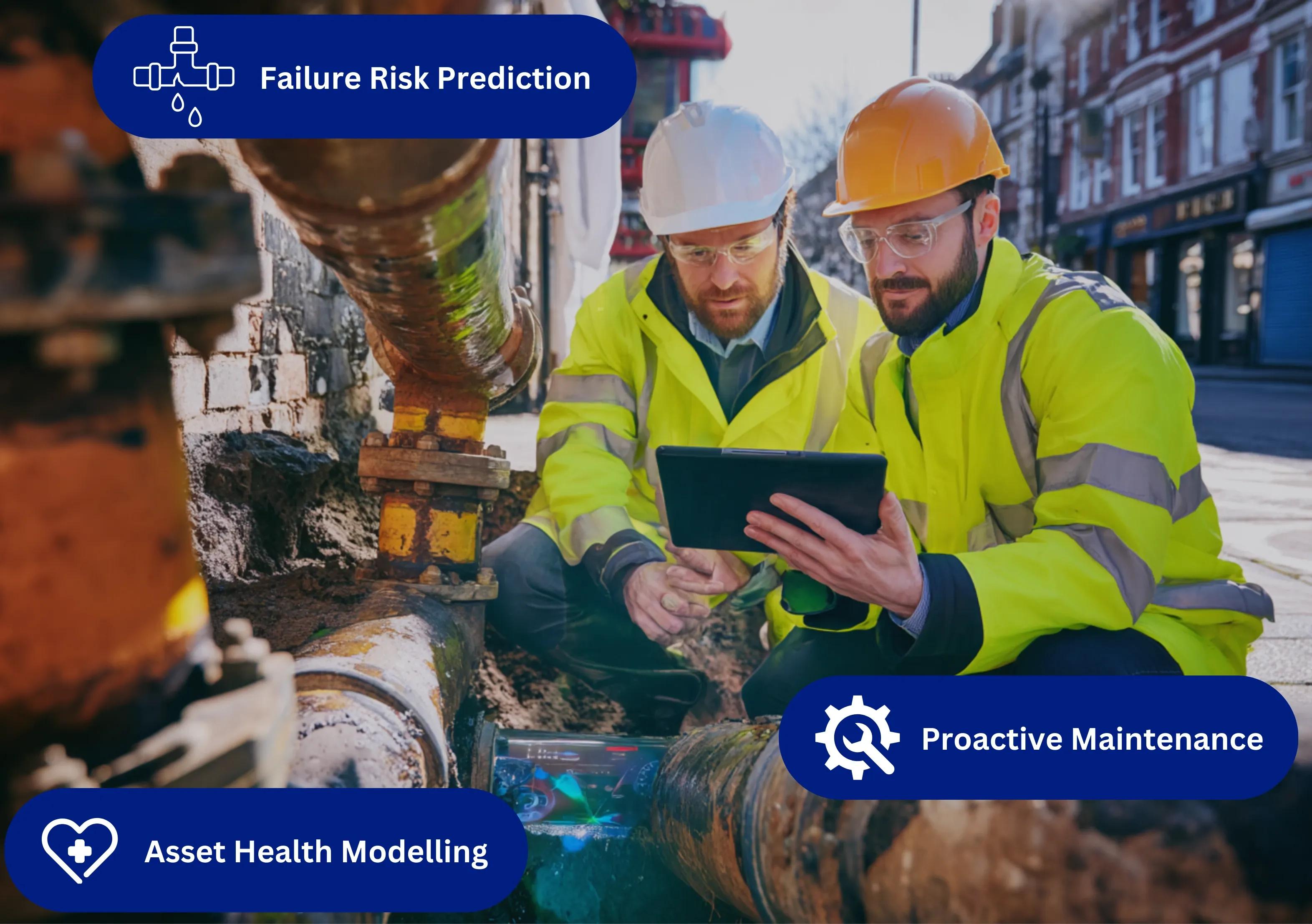 AI-driven analysis highlighting at-risk utility pipes based on condition and failure data.