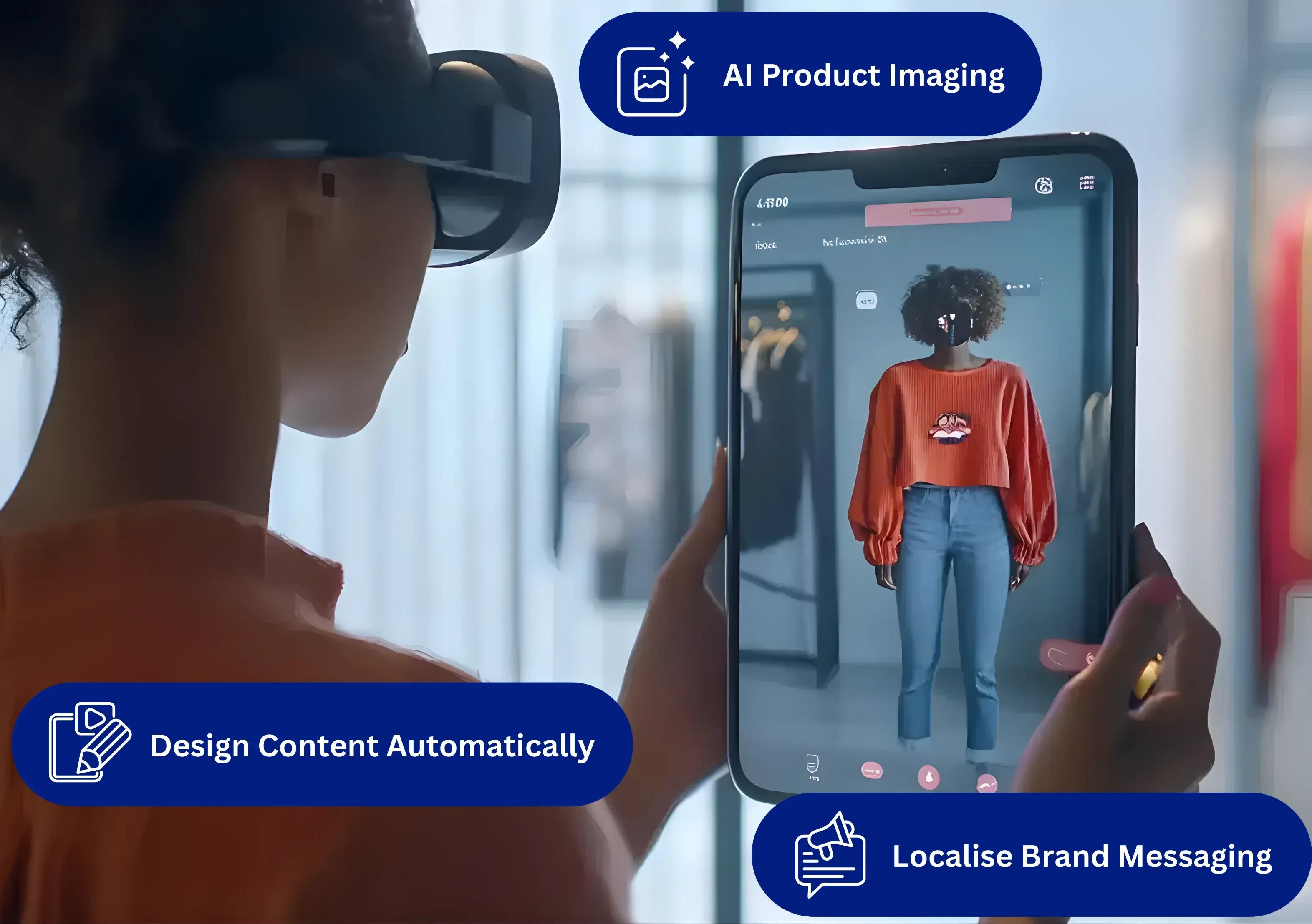 AI system generating product images, titles, and descriptions, with visual panels showing automated copywriting, image enhancement, and multilingual output.