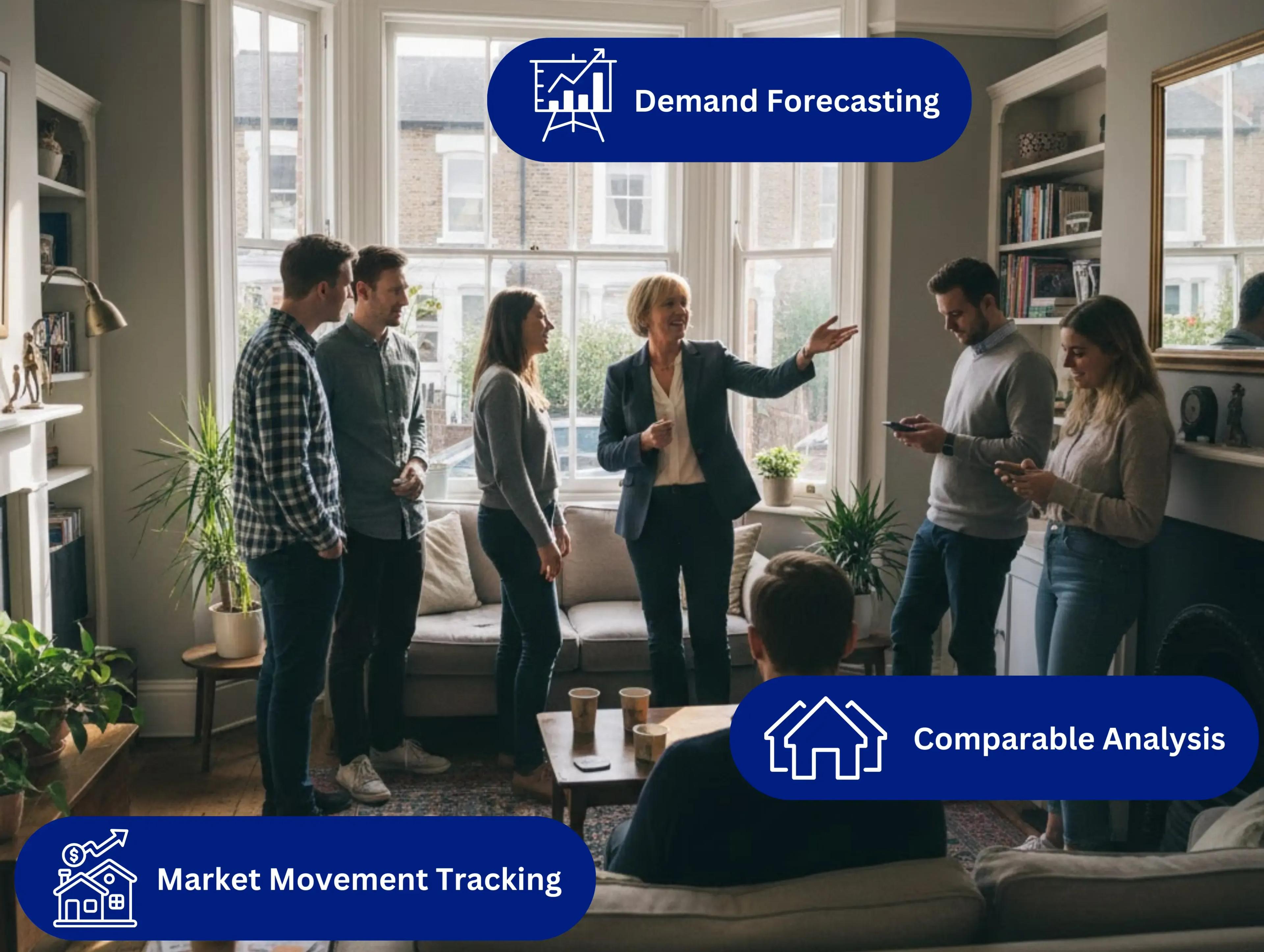 People viewing homes and interacting with real estate listings enhanced by market demand data and pricing trends.