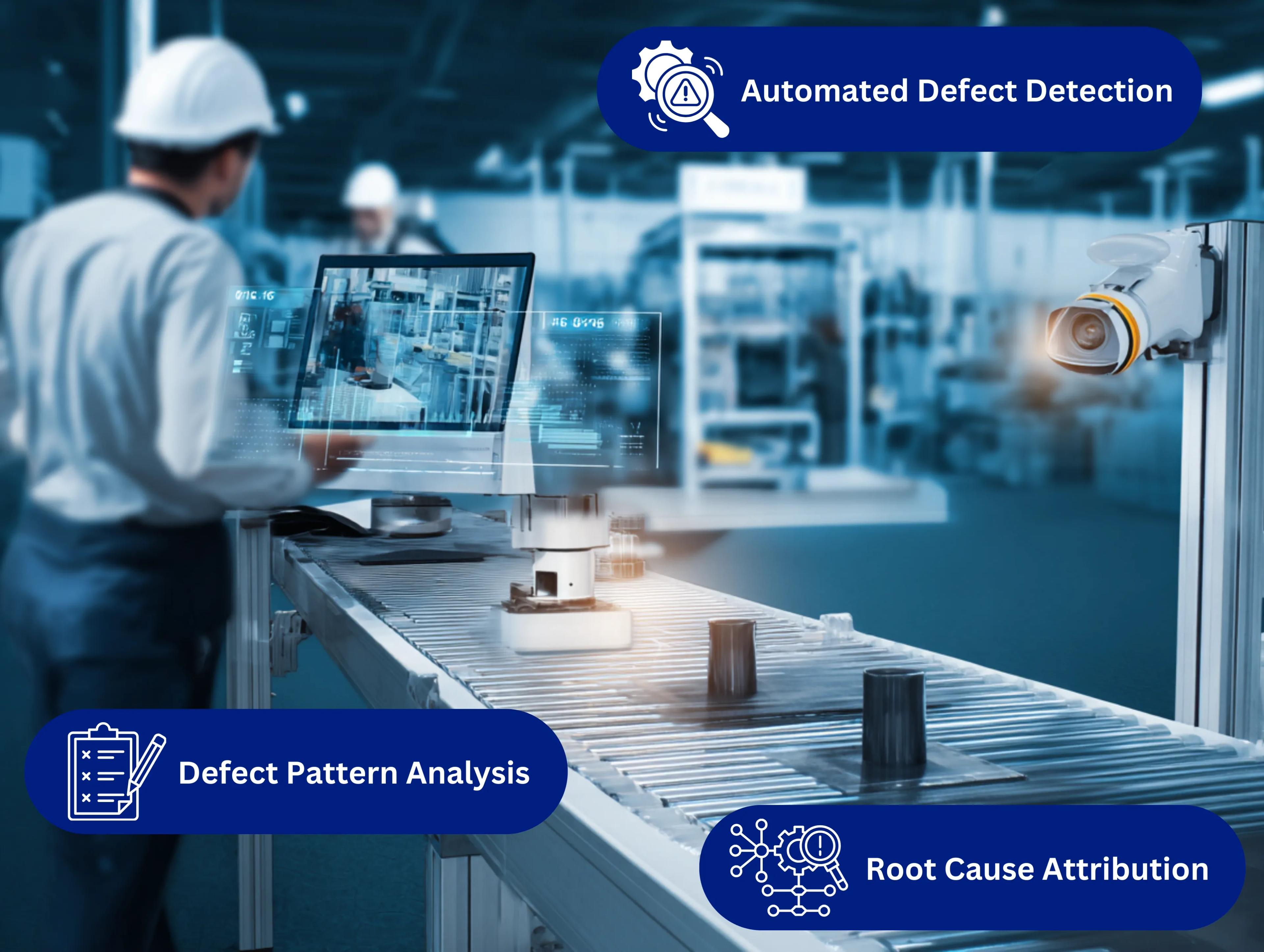 AI-powered visual inspection system identifying product defects on a manufacturing line using camera-based analysis.