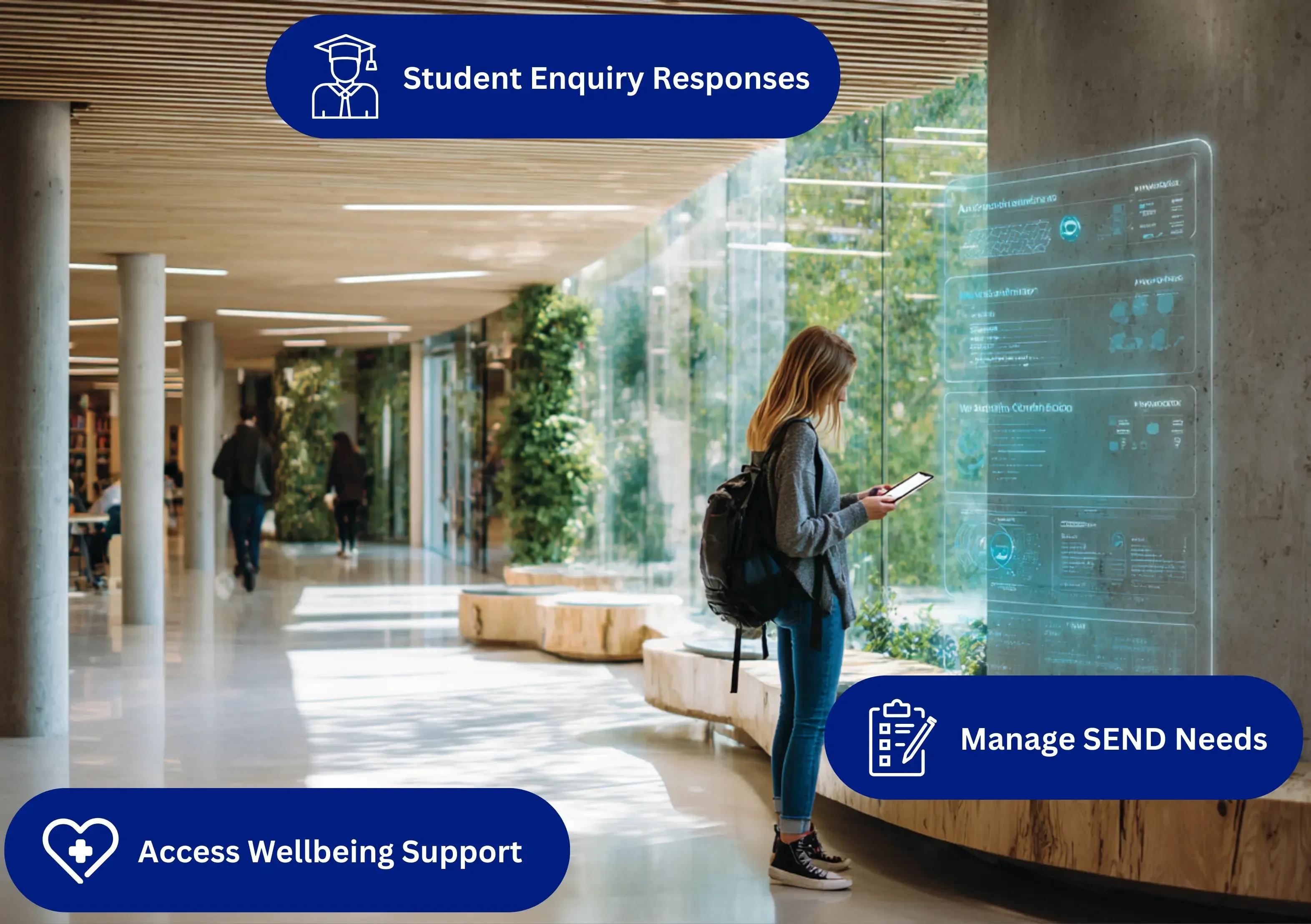 Students in a modern college campus interacting with support staff, accessing timetables and wellbeing resources in a bright, welcoming environment.