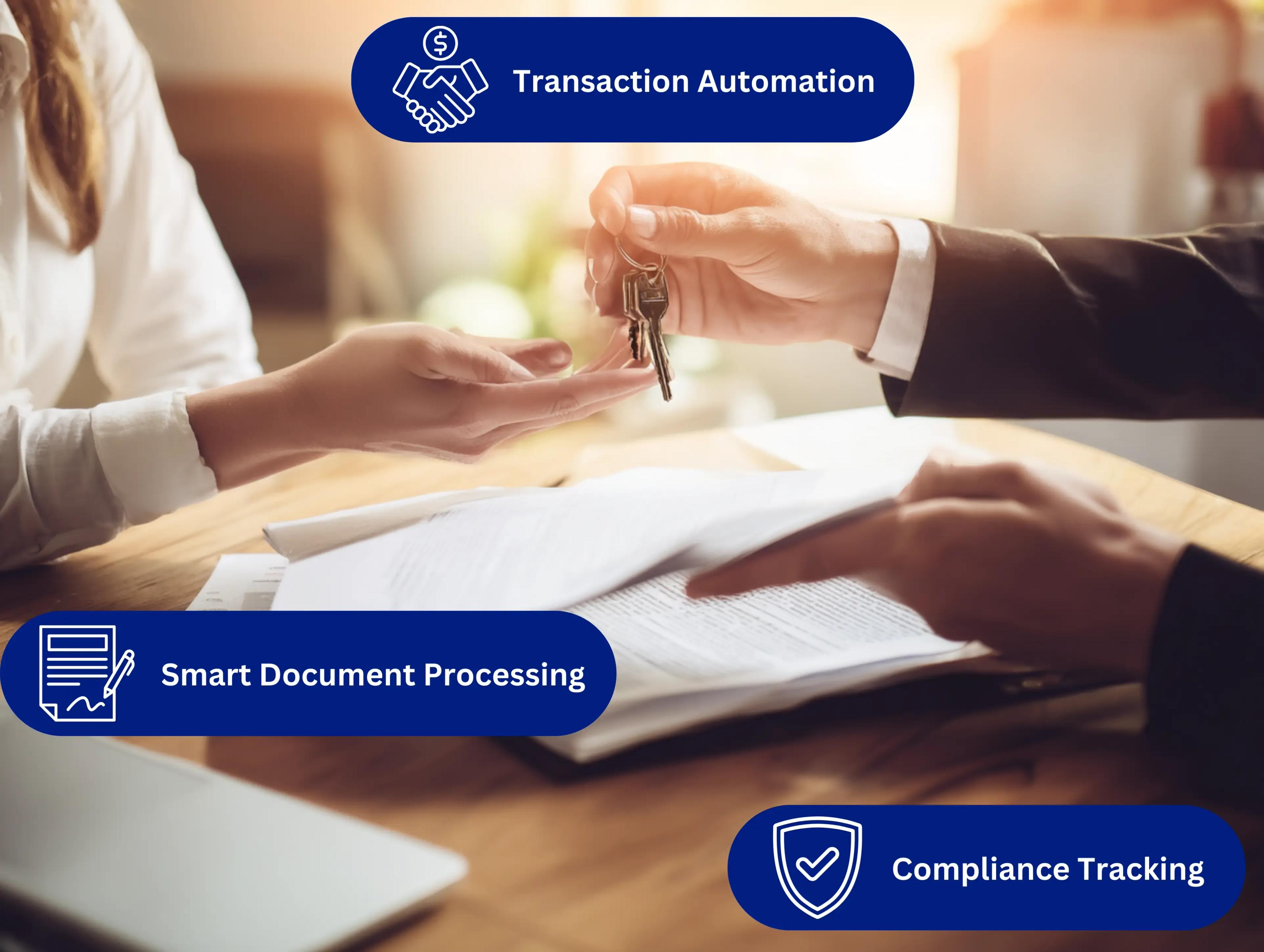 Real estate agent and client exchanging documents with digital workflows highlighting contracts, approvals, and timelines.