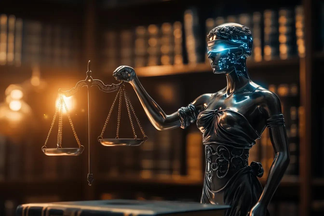 AI-themed legal imagery featuring scales of justice representing ethical AI governance
