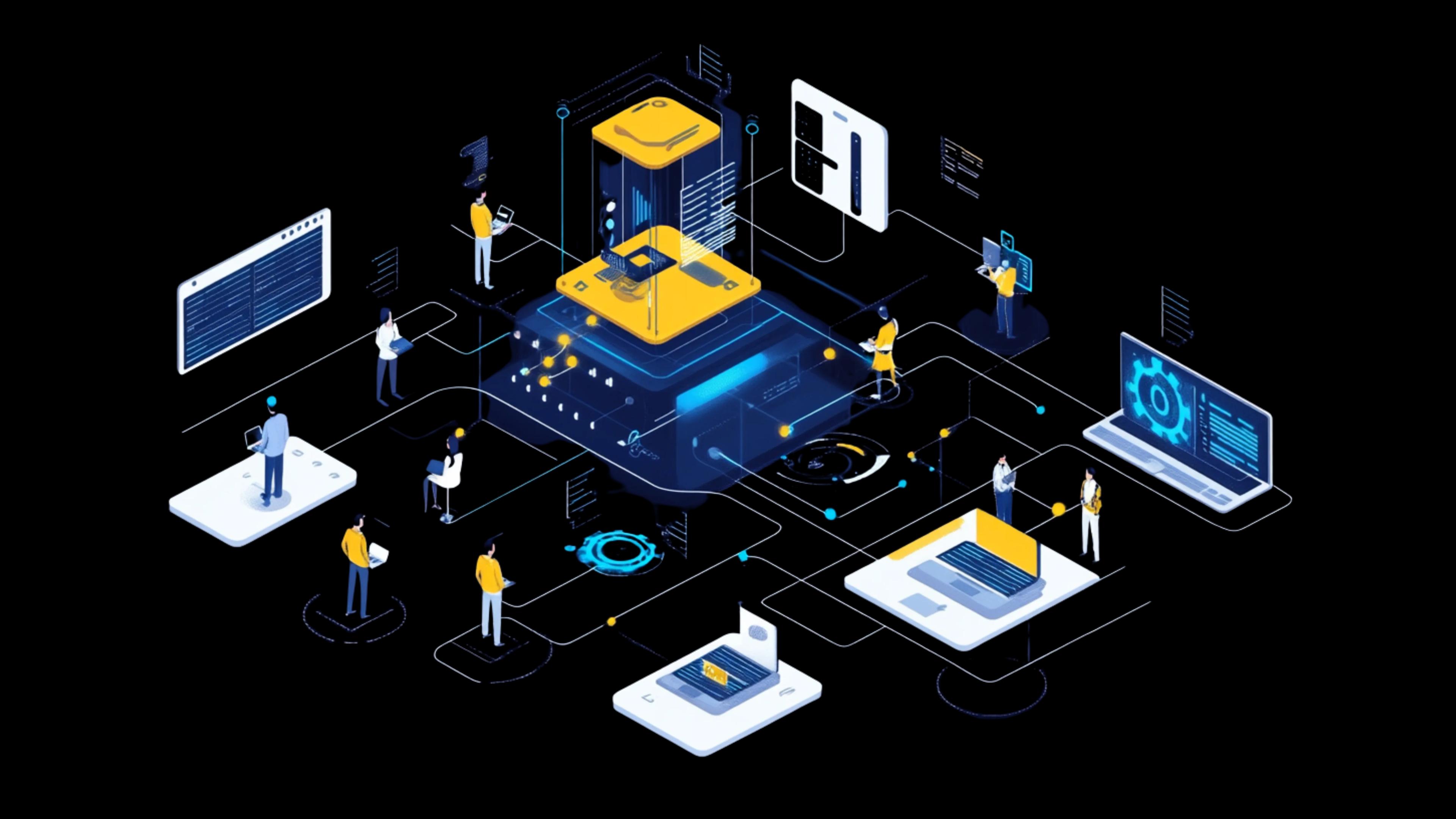 Isometric diagram showing how AI integration services enhance various business functions and operations