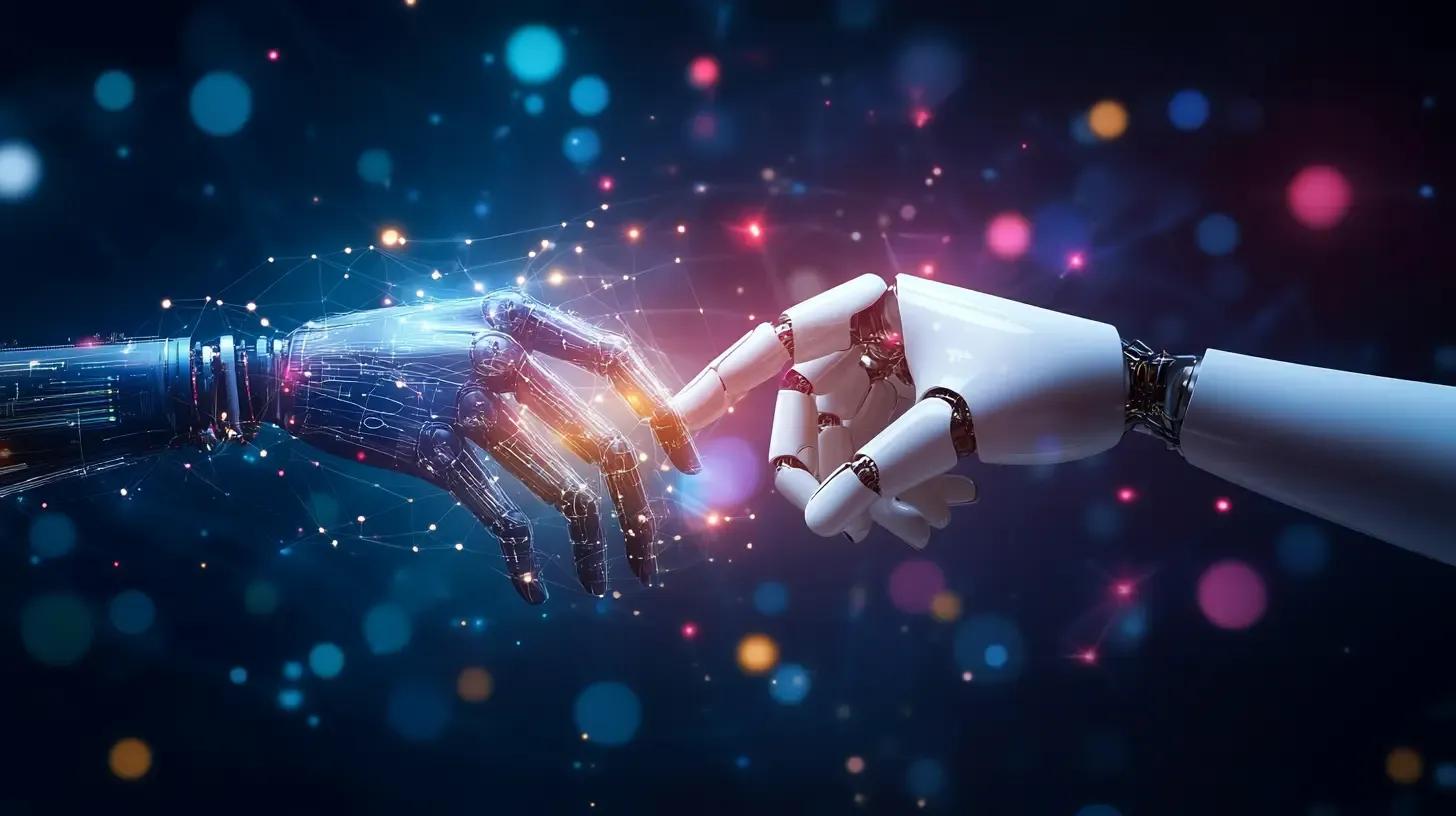 Human and robot hands connecting to represent AI integration in human society