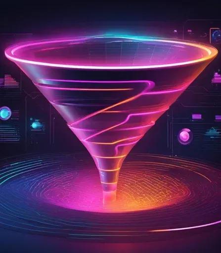 3D digital graphic of a luminous funnel representing funnel analysis technology