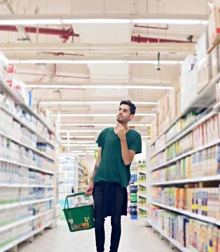 Customer shopping in supermarket illustrating market basket analysis in retail