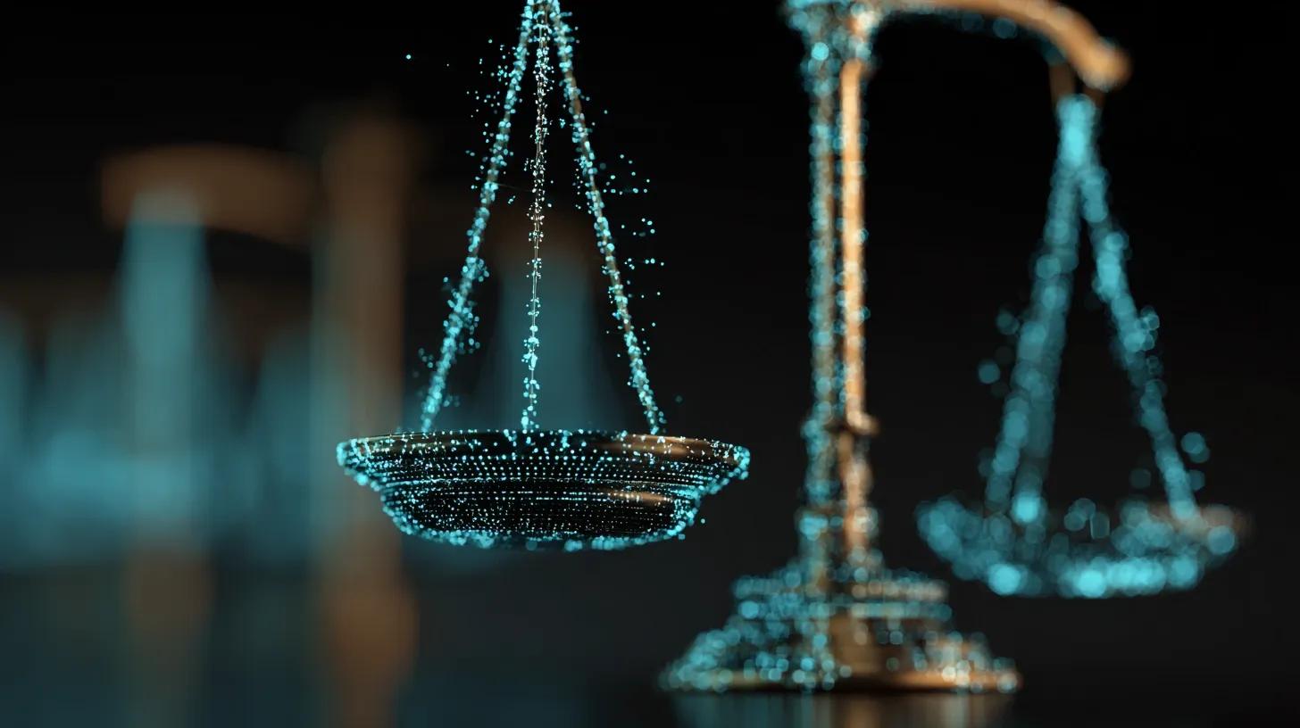 Scales of justice combined with AI elements symbolising responsible AI governance.
