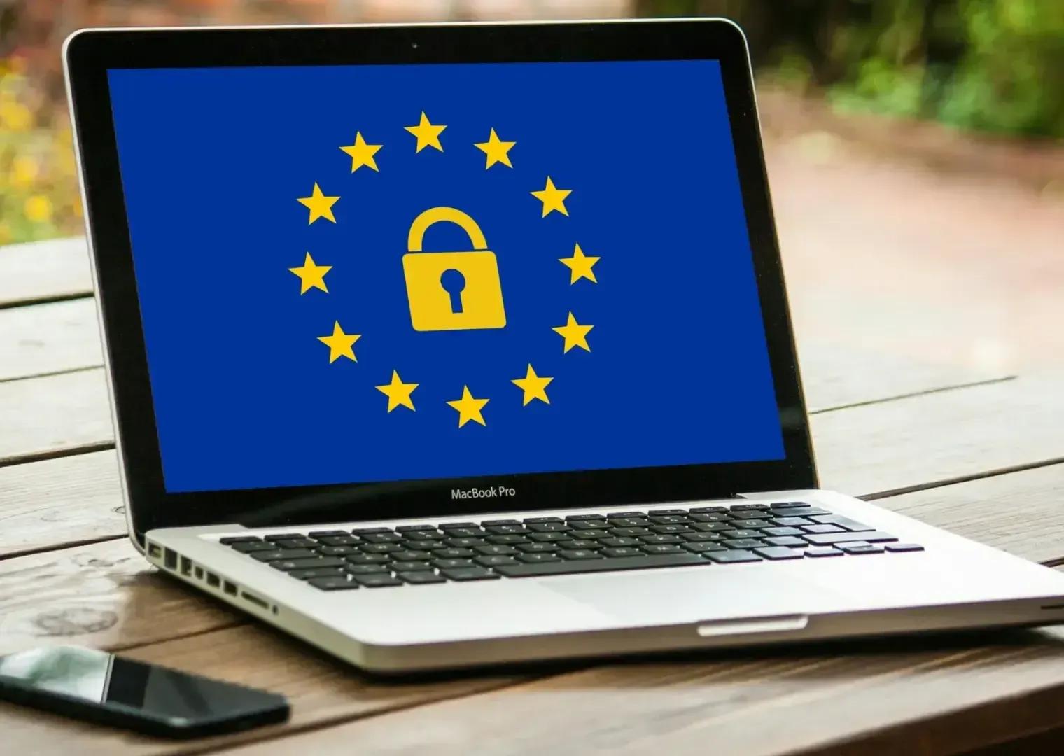 Laptop displaying EU GDPR logo, highlighting data privacy and compliance in LLM usage.