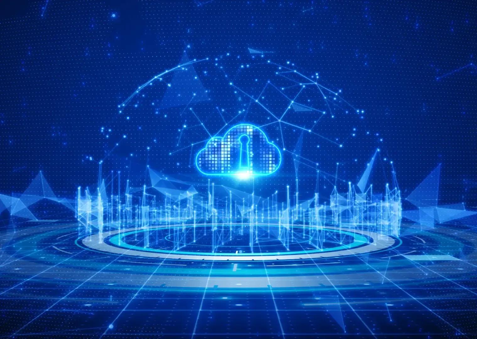 Digital cloud environment visualising secure data processing in LLMs.