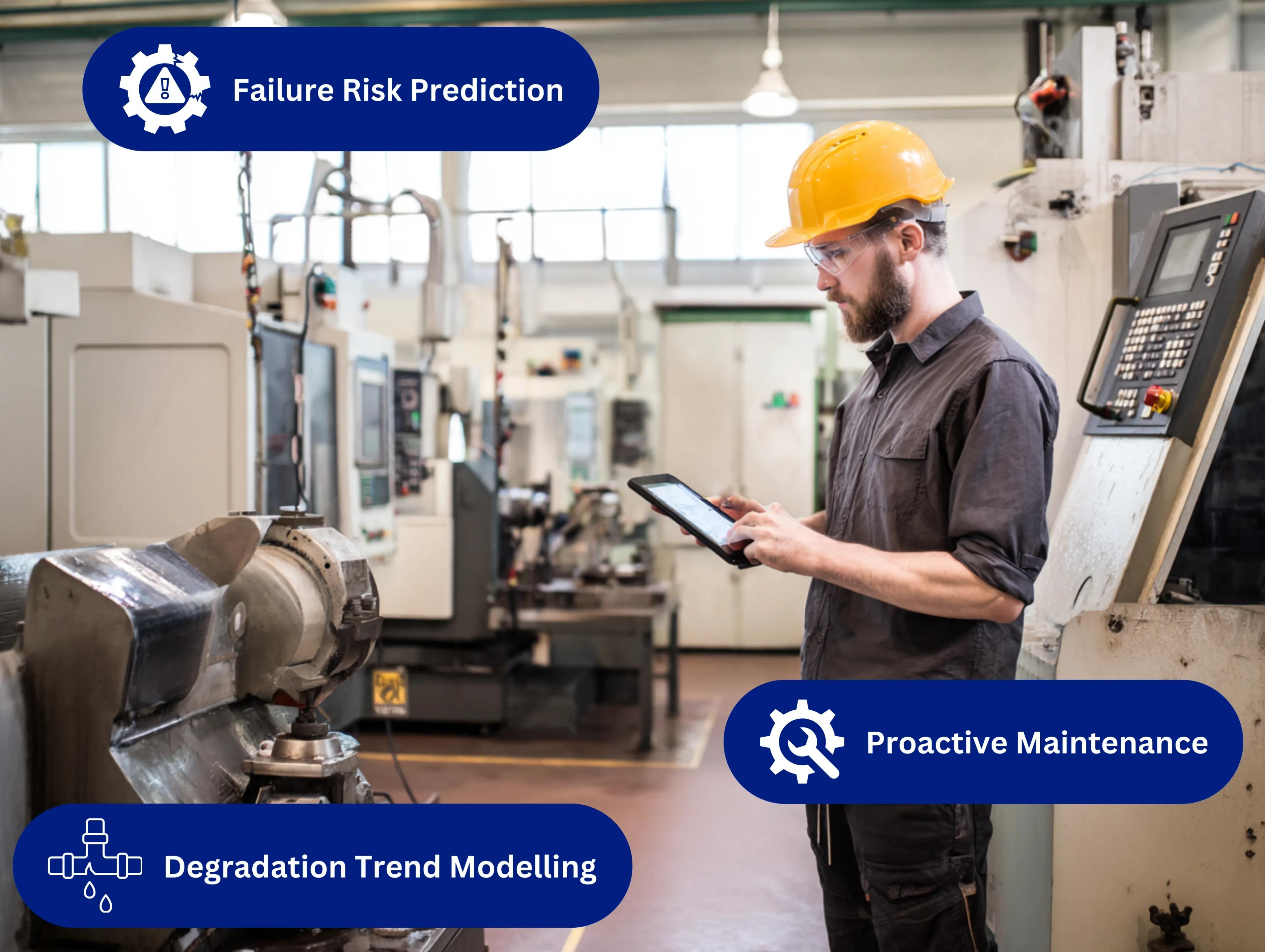 AI-enhanced manufacturing dashboard highlighting machines with elevated failure risk based on sensor and maintenance data.