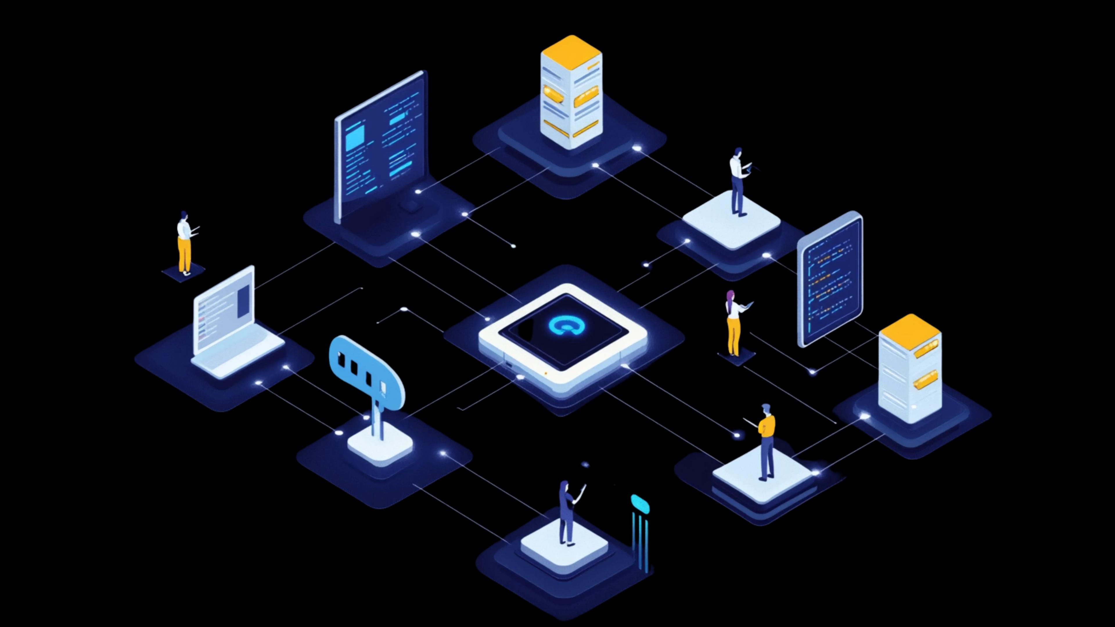Isometric diagram showing business functions enhanced by AI proof of concepts