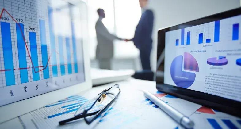 Business dashboard displaying funnel analysis results with happy clients in background