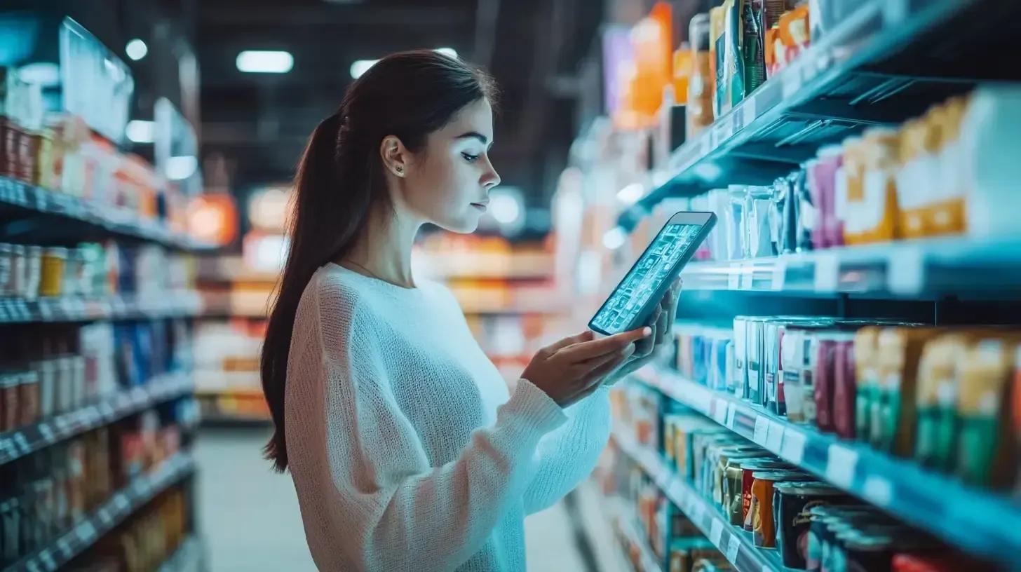 An AI-powered personal shopping assistant recommending products to a customer in a retail store.