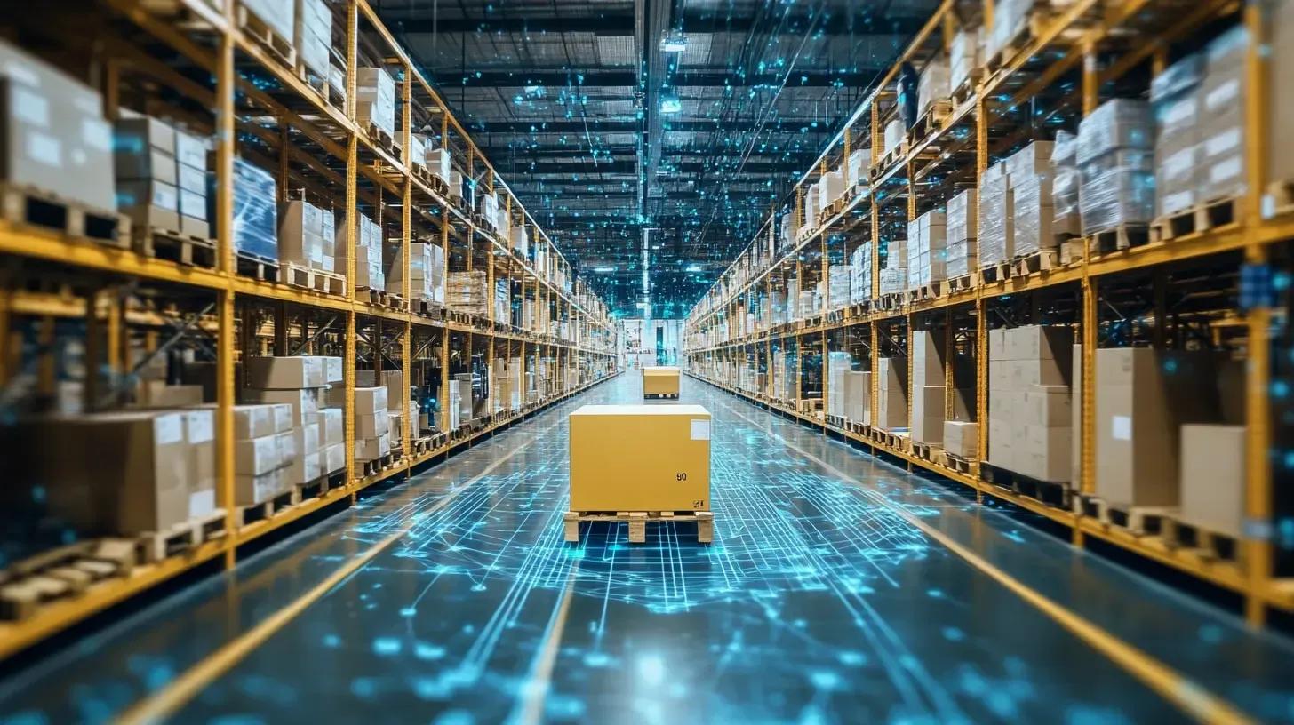 A digital warehouse dashboard showing generative AI inventory and supply chain optimisation.